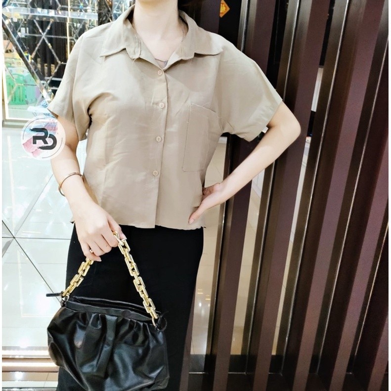 Baju Kemeja Wanita Kekinian Atasan Casual LENGAN PENDEK POLOS Outfit Fashion OOTD Premium