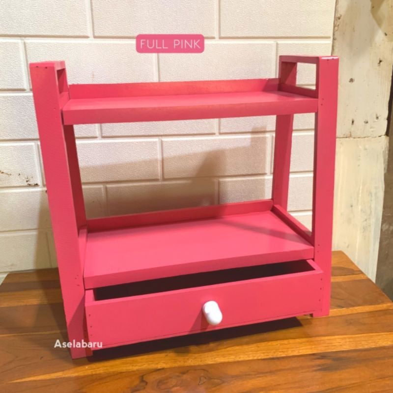 [FULL PINK] Rak Bumbu Dapur Kayu Estetik Variasi Laci 2 Tingkat Custom Warna