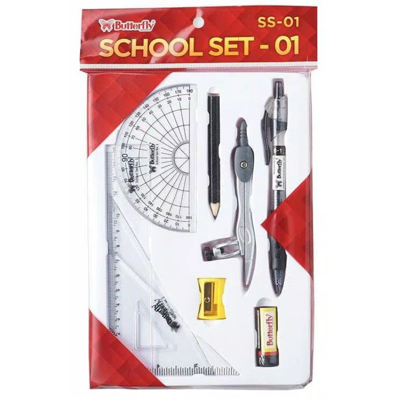 

(HASANS HOME)Butterfly School Set / Paket Alat Tulis Lengkap Sekolah / Jangka Pulpen Penggaris Pensil Penghapus Rautan Set / Butt & Tj, School Set