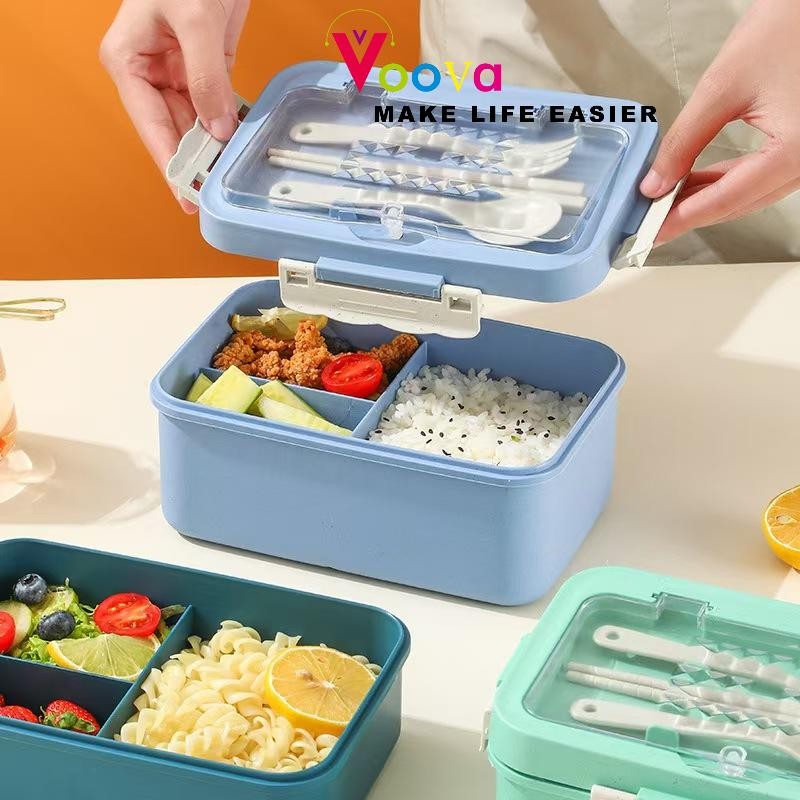 VOOVA Set Kotak Bekal Makan 1000ml 4 In 1/ Lunch Box Dengan Sendok/ Set Alat Makan