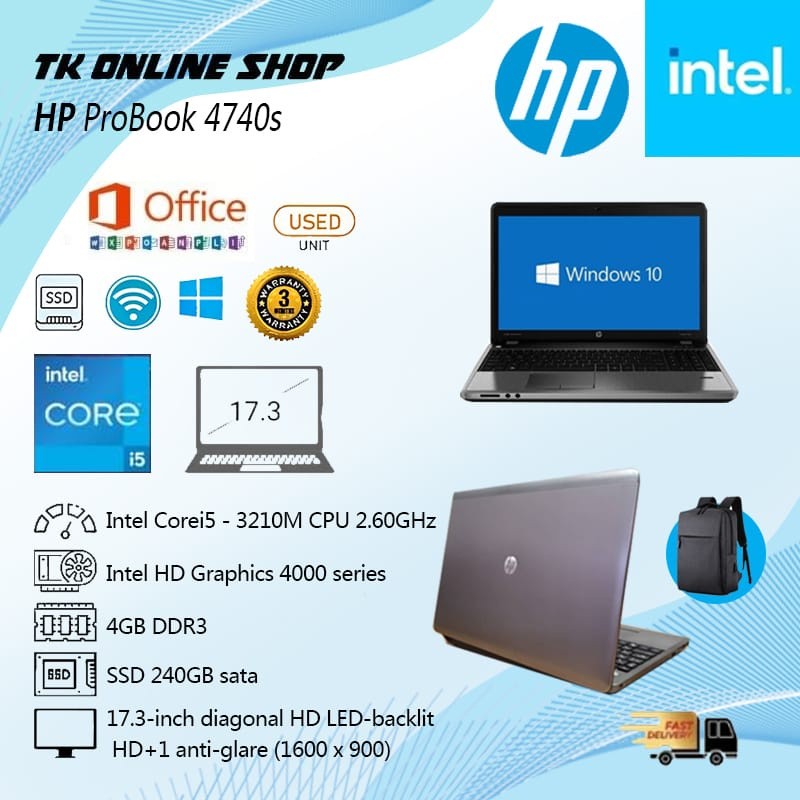 Laptop HP ProBook 4740s - LED 14 "inch - Intel®Core™i5 3rd Gen / Ram 4GB & SSD 240GB used