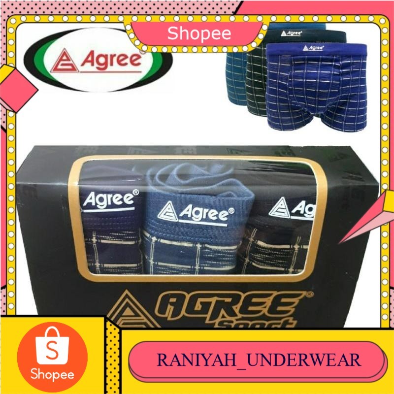 (1 Box isi 3) Celana Dalam Pria Agree Sport Boxer SEGI EMPAT M, L, XL | CD UNDERWEAR Man Boxer Brief