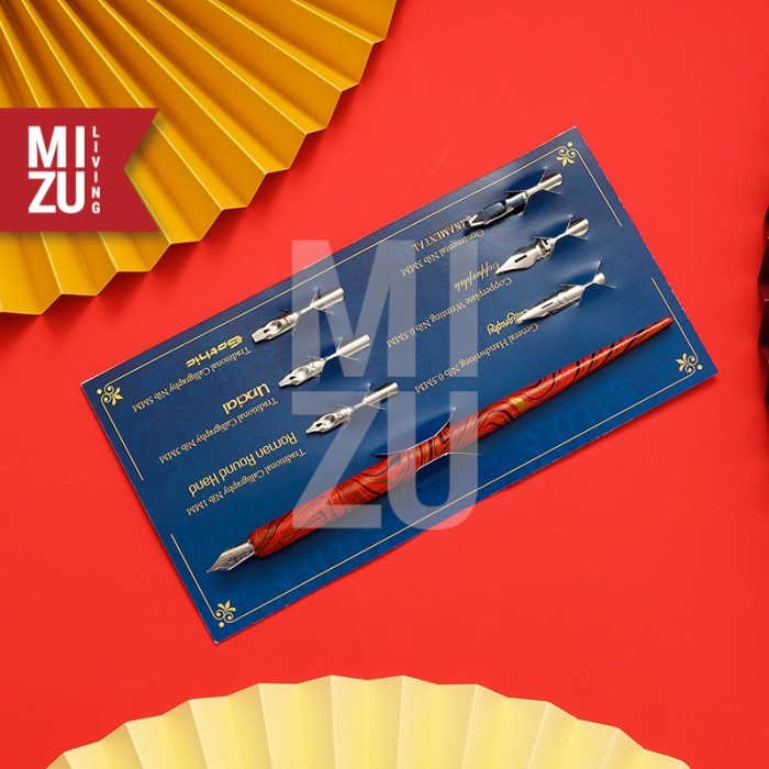 

[TERLARIS] MIZU COPPERPLATE Calligraphy Set Kaligrafi 1 Dip Pen Holder 7 Nibs - ST Red Marble