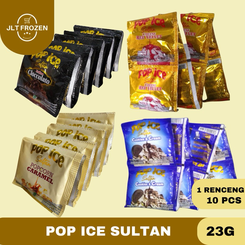 

Pop Ice Sultan RENCENG / Minuman Serbuk Cookies & Cream / Cheese Red Velvet / Popcorn Caramel / Italian Chocolate - RENCENG 10PCS X 23g