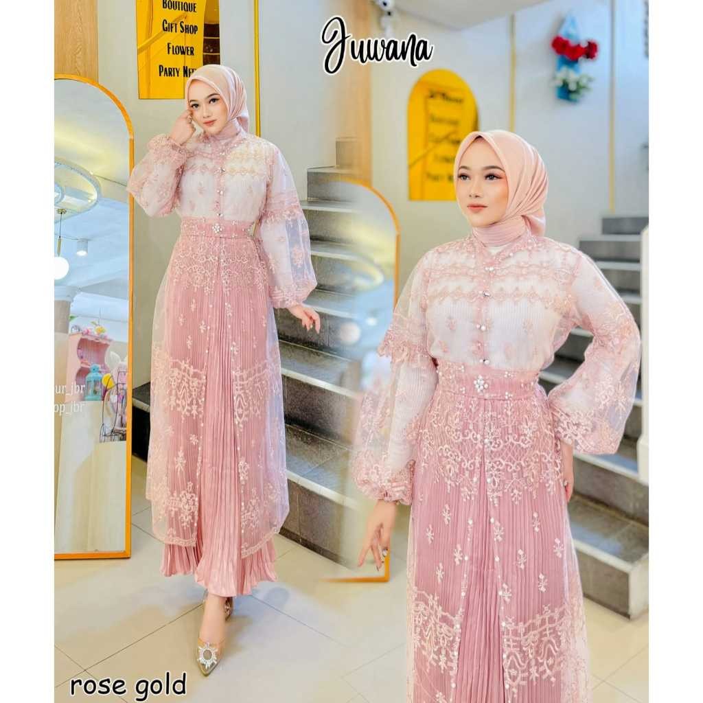 Ne baju kurung wanita atasan brukat set celana kulot oby belt modern one set pakaian pesta kondangan