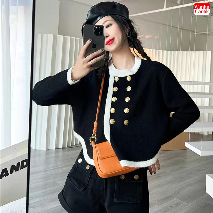 Cardigan Rajut Wanita Gaya Prancis Chic Desain Fashion Model Pendek Lengan Panjang Sweater Elegan