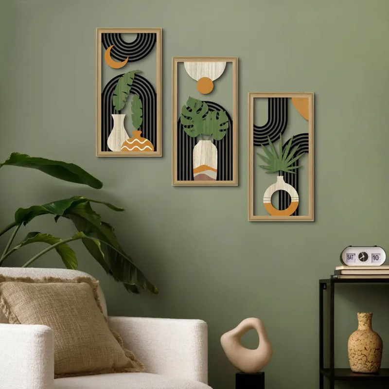 

Wooden Texture Canvas Painting Posters Bohemian Flower Pot Plant Design Crafts Farmhouse Living Room Wall Art Picture Set Decor