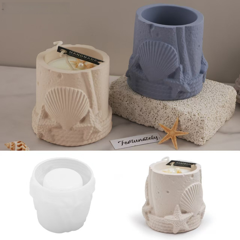 

Ocean Series Cylindrical Candle Jar Silicone Mold Diy Embossed Shell Starfish Storage Jar Concrete Gypsum Mould Home Decor