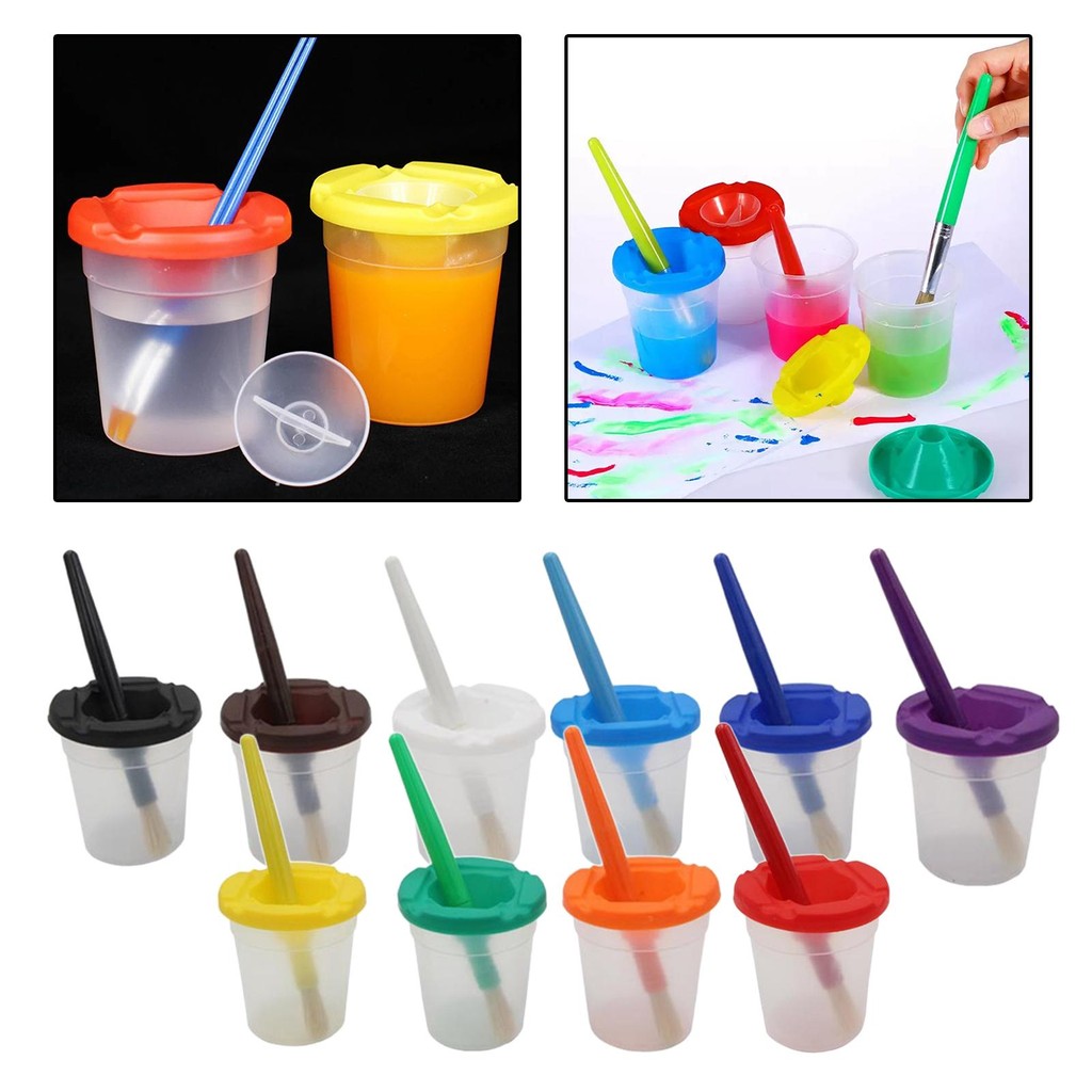

10 Pieces Childrens Paint Cups with Lids, Paint Cups Set, Paint Cups and Brushes, anti Paint Cups for Toddlers