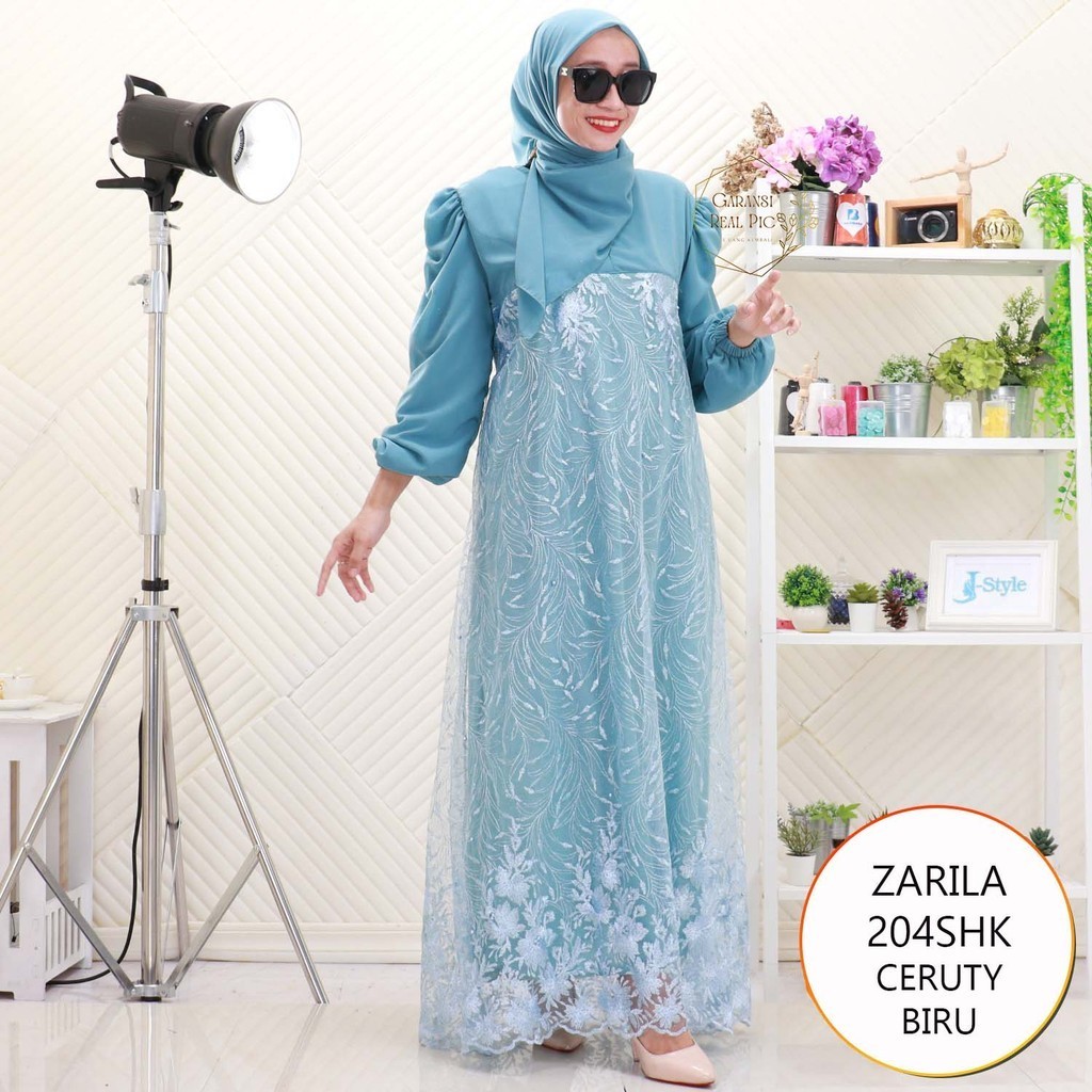 Zarila Gamis Ceruty Busui Sleting Lengan Balon Serut Tile Bordir Mewah