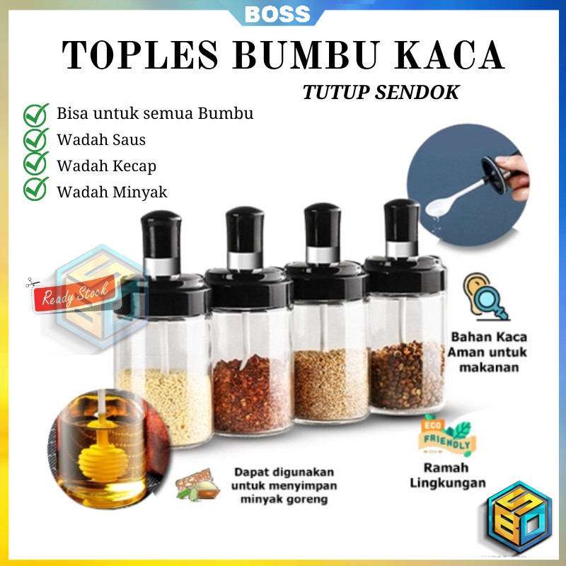 BOSS MURAH COD Botol Tempat Bumbu Dapur Kaca + Sendok / Wadah Penyimpanan Kopi Gula Garam Micin Lada