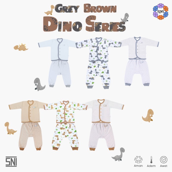 NOVA Dino Series - Setelan Anak - Setelan Baju Kancing Panjang 3Stel - GREY SET, S