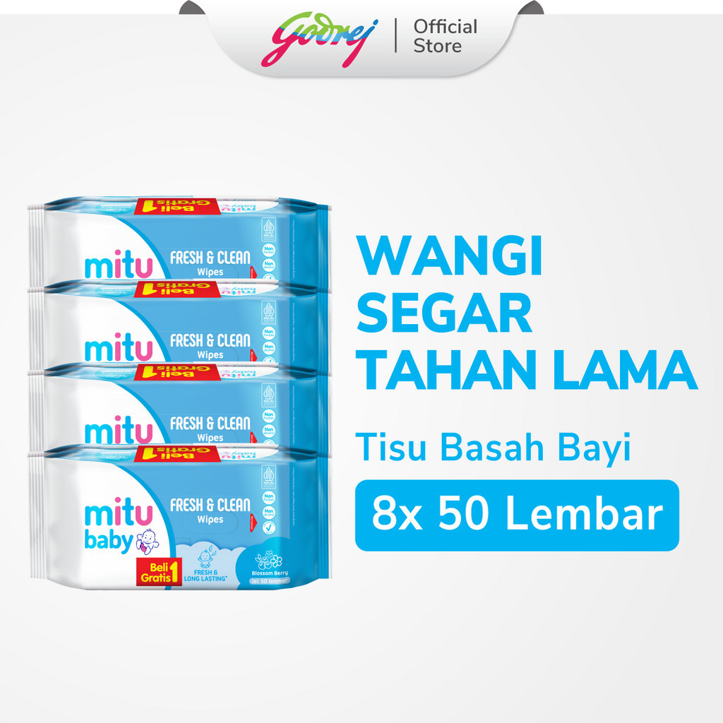 [Beli 1 Gratis 1] Mitu Baby Fresh & Clean Wipes Blossom Berry 50'S x4 - Tisu Basah Bayi