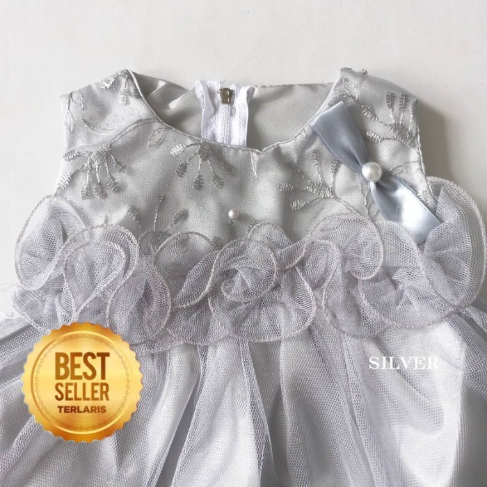 Terlaris ✨ -Baju Warna Abu Silver Bayi Perempuan 6 12 Bulan Dress Rok Tutu Import - KA103 Bayi, Silver