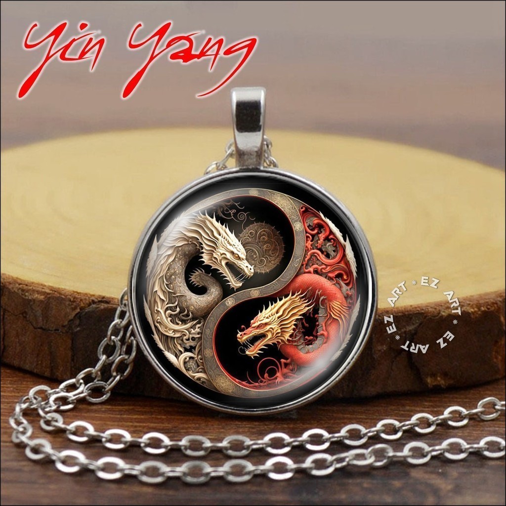 Kalung Liontin Yin Yang Art Kaca Cembung Tali Kulit Rantai Stainless Steel [EZArt]