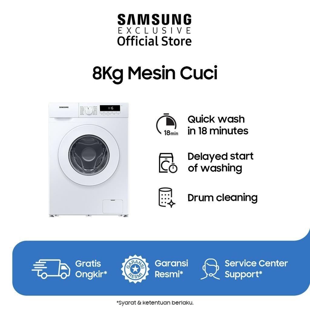 Samsung 8Kg Mesin Cuci dengan Quick Wash dan Drum Clean, Front Loading, Teknologi Digital Inverter, dan Delay End, Bebas Ongkir, Pasti Ori, Garansi Resmi SEIN