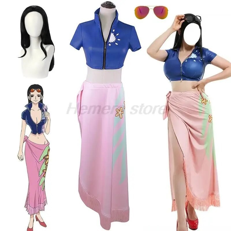 Pakaian kostum Cosplay Anime pakaian Nico Robin Cosplay kacamata kustom Wig pesta kostum untuk anak 
