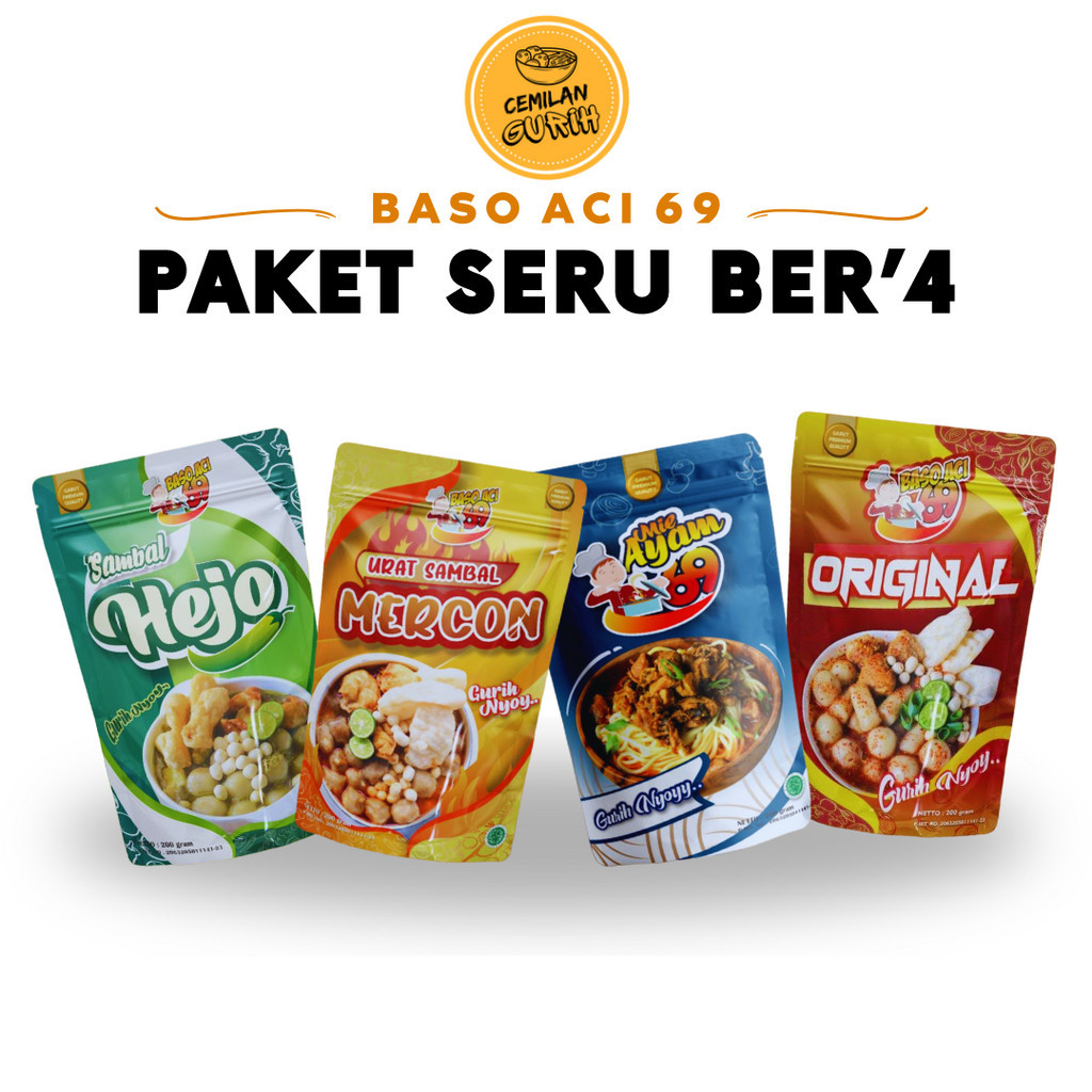 

Baso Aci 69 - Paket Seru 4pcs Baso Aci 69 Sambal Hejo Mercon MIE AYAM ORIGINAL Kuah Pedas Gurih