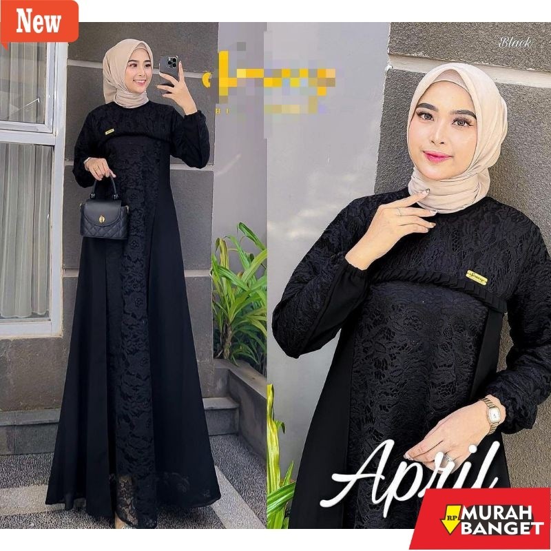 Gamis pesta- Gamis brukat april gamis hitam casual ukuran L XL XXL 3L 5L