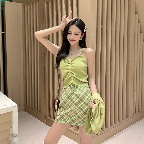 Fresh Women's Set Skirt New avocado green cardigan drawstring suspender vest plaid skirt