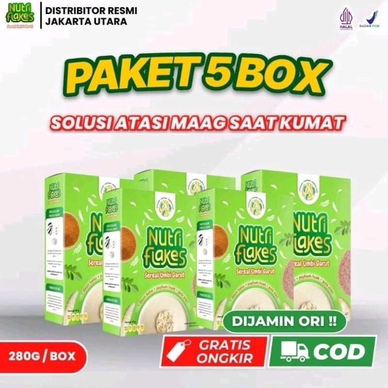 

Paket Nutriflakes 5 Box - Original Minuman Umbi Garut Solusi Atasi Maag Kronis Asam Lambung Gerd Suplemen Makanan Diet Isi 280gr