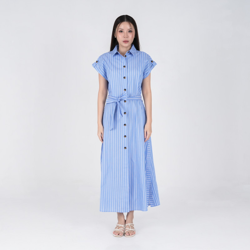 Lascada Dress Wanita Tunik Garis Stripes Midi Shirt Dress Blue W30275/321/400
