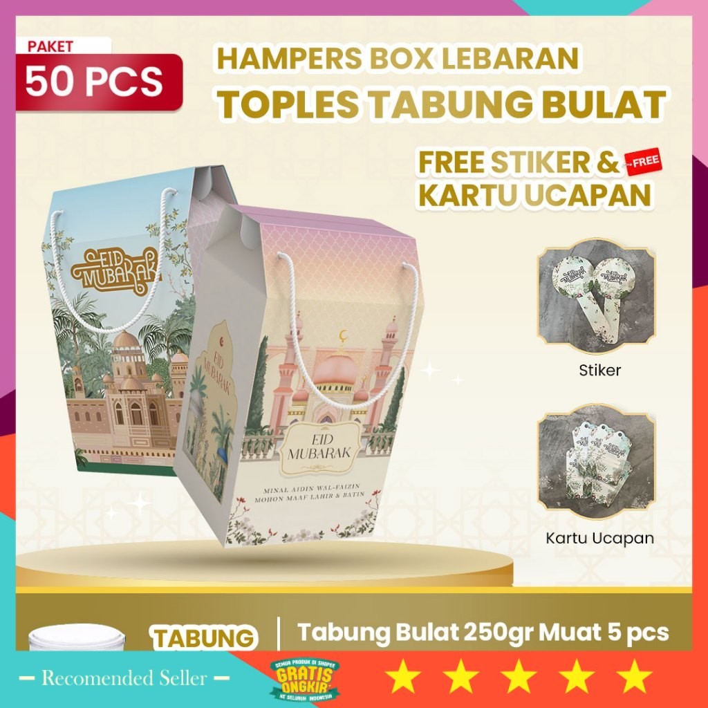

hadiah Anniversary Wedding Pernikahan Teman Sahabat Pacar Pasangan / 50pcs Gable Box kotak hampers Lebaran idul fitri Tali jinjing/Box Hampers besar toples BULAT Kue Kering Idul Fitri / estetik finishing foil (Paket 50pcs) muat toples BULAT (250gr : 5 top