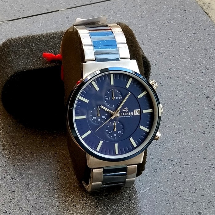 Jam Tangan Pria Hegner Chronograph Stainless Silver Blue Combination