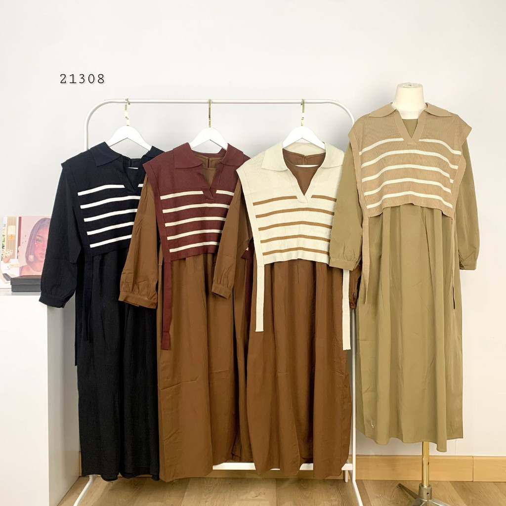 LONG MAXI 2IN1 INNER DRESS KATUN CRINKLE POLOS LENGAN PANJANG MIX VEST RAJUT GARIS YUKENGSI VARIASI 