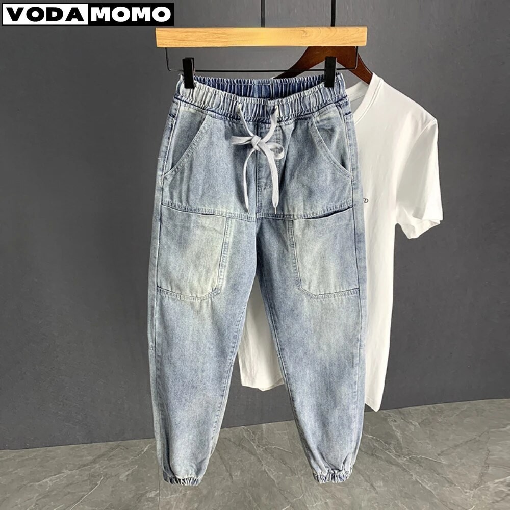 Harem Jeans Vintage pria, celana Denim biru muda cuci Hip Hop  Harem