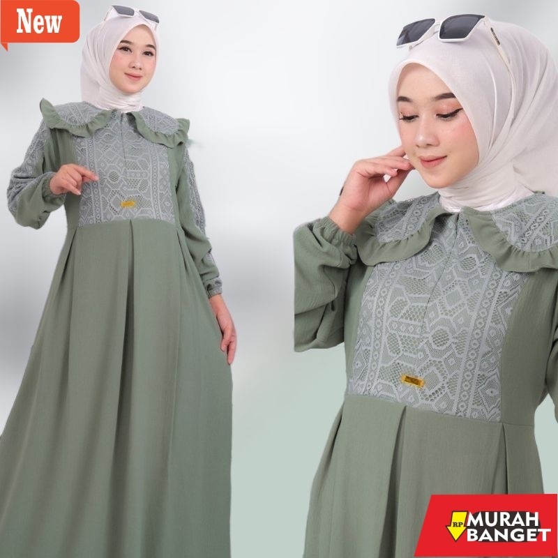 Gamis yang terbaru- Dress Gamis Wanita Crinkle Airflow Mix Brokat malika
