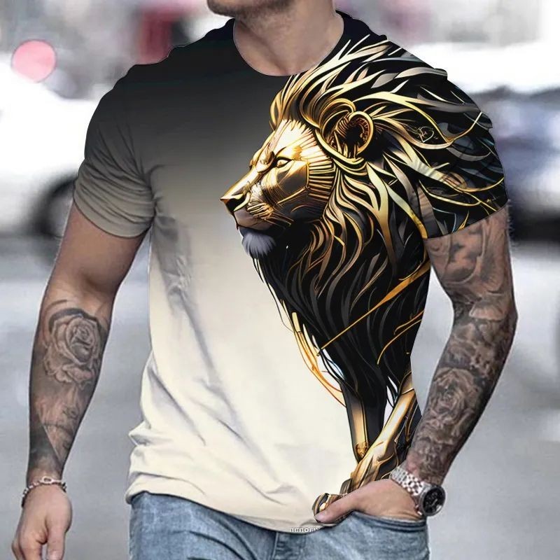 Summer New Animal Lion Pattern Men's T-shirt 3D Digital Print Retro Maillard Loose Short Sleeve