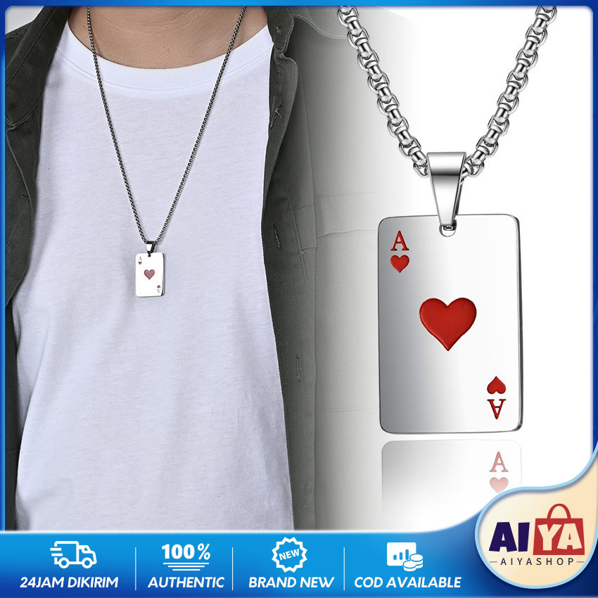 Kalung Titanium Pria Wanita Anti Karat Rantai Kalung Liontin Poker Kartu Remi Ace Necklace
