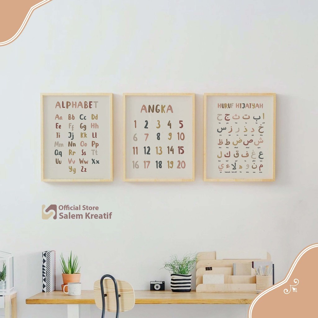 Bingkai Poster A4 Dekorasi Poster Edukasi Alphabet Angka Huruf Hijaiyah Bingkai Kayu Dekorasi Ruumah