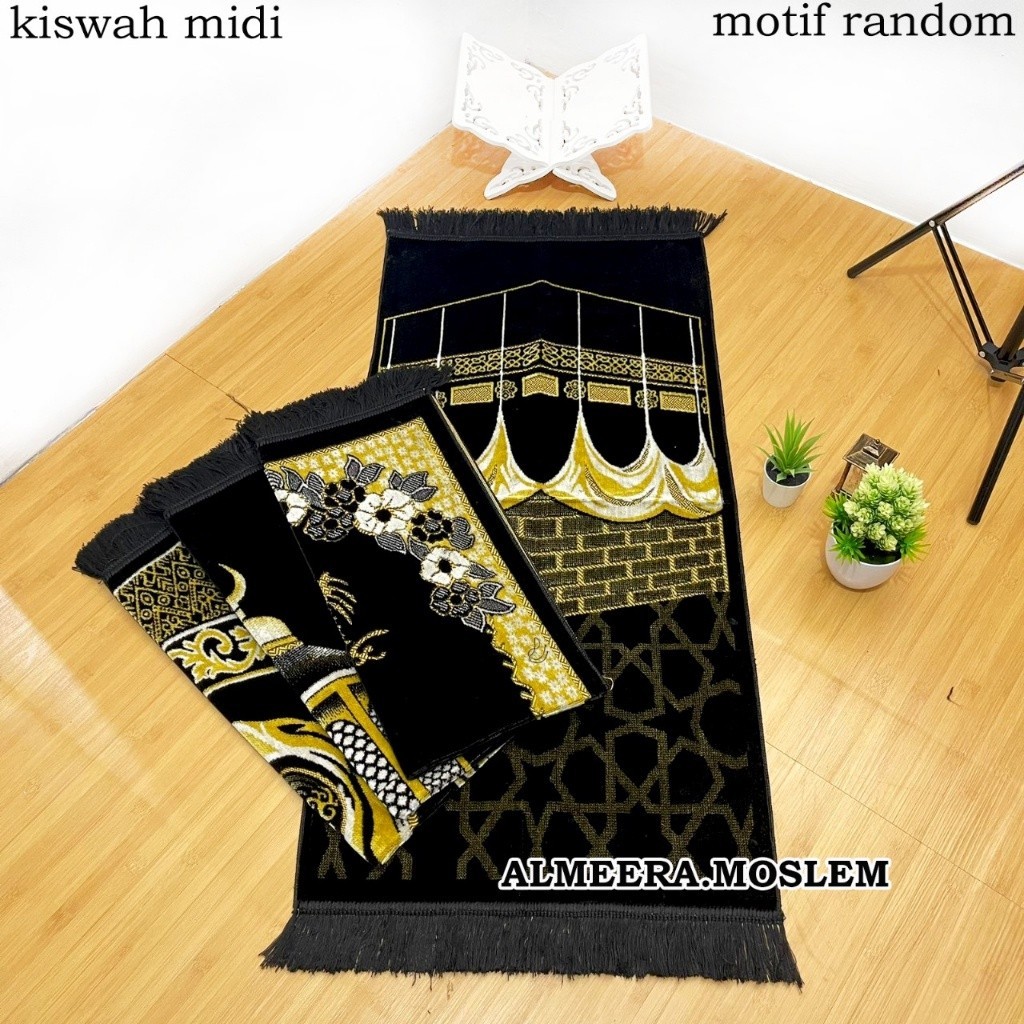 Sajadah Turki Hitam Motif Kiswah Ukuran Sedang 55 cm X 110 cm