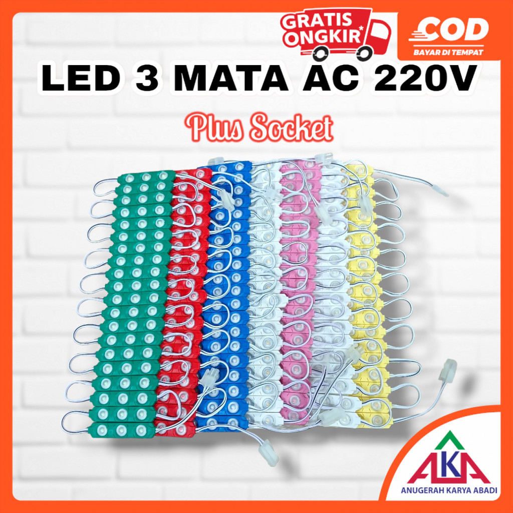 GROSIR Modul Lampu LED 3 Mata AC 220V Plus Socket 20 Pcs