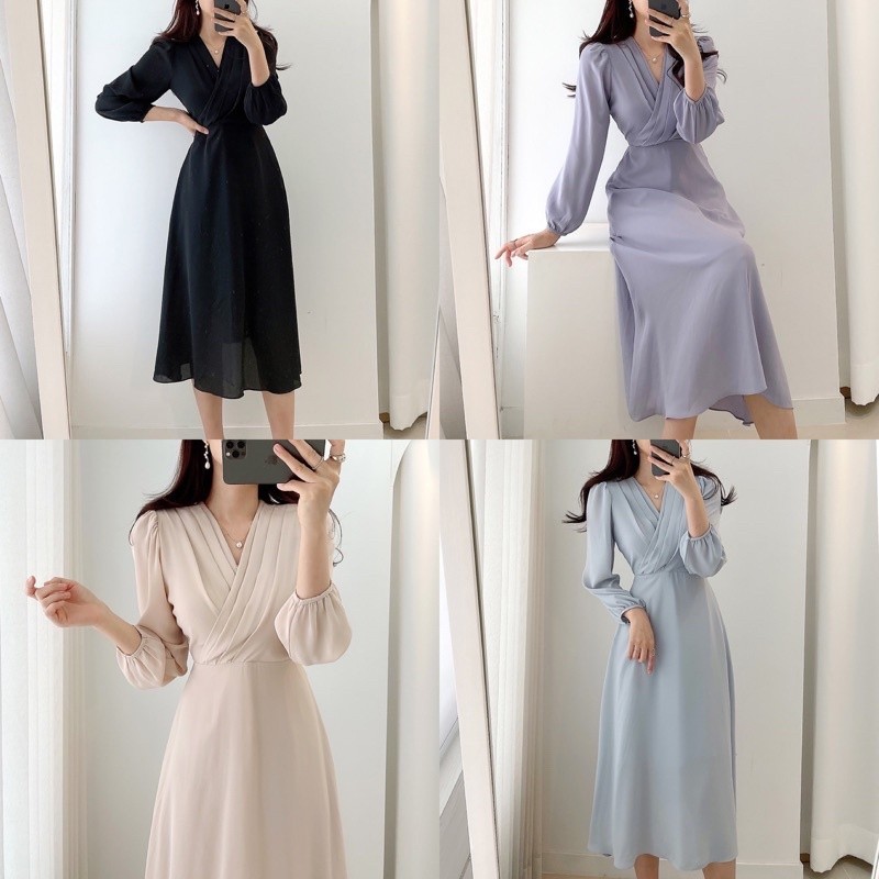 MILLIE 밀리 DRESS KOREAN VINTAGE HIJAB FRIENDLY LENGAN PANJANG SUMMER GAYA RETRO POLOS BLACK BLUE CREA