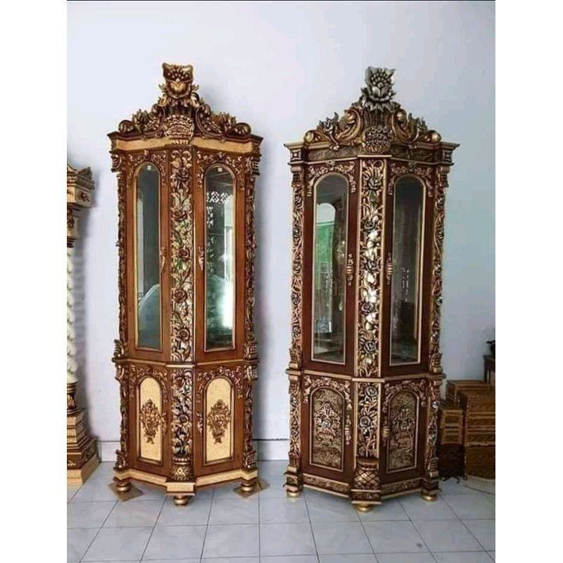 Lemari pojok Shima kayu jati / almari pojok ukir Jepara full jati / lemari pajangan kayu jati ukir