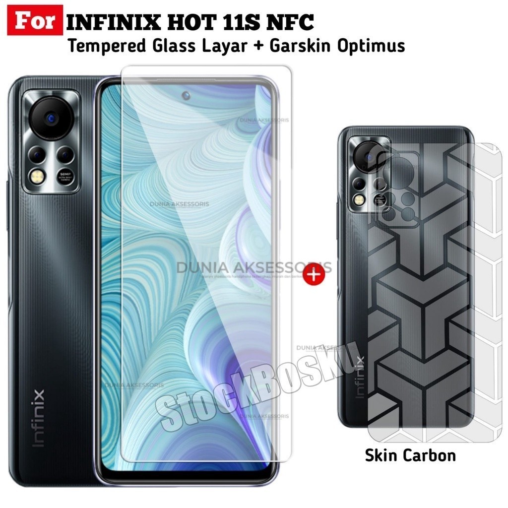 Paket Hemat Tempered Glass INFINIX HOT 11S NFC Anti Gores Layar Clear FREE Skin Carbon Transformers Back Handphone