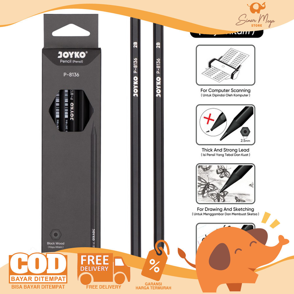 

Joyko Pencil P-8136 Black Wood Hexagonal DIJUAL LUSINAN Pensil 2B