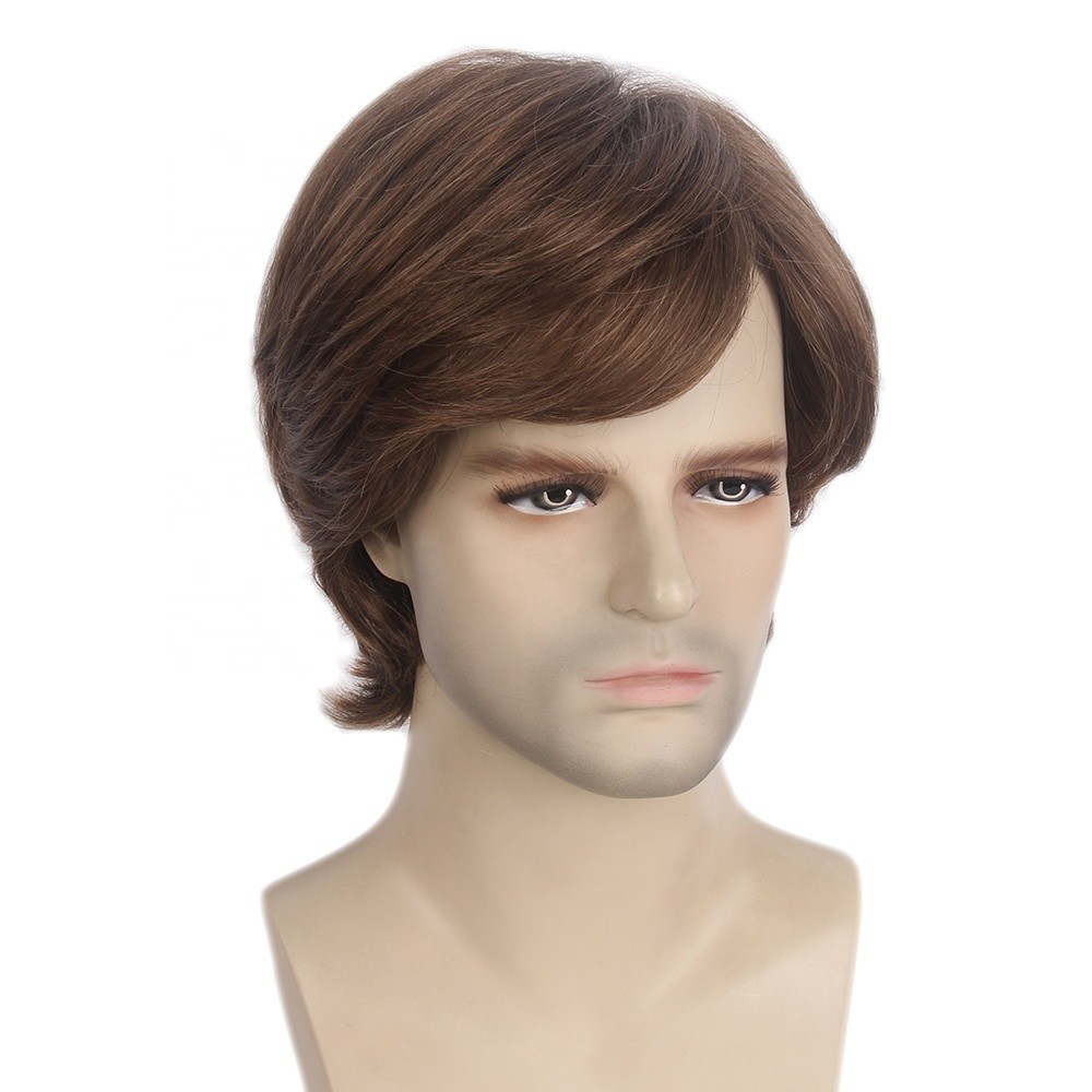 Wig Pria Tampan Fashion Mesin Sintetis Membuat Wig Coklat Wig Rambut Sintetis Kualitas Tinggi untuk 