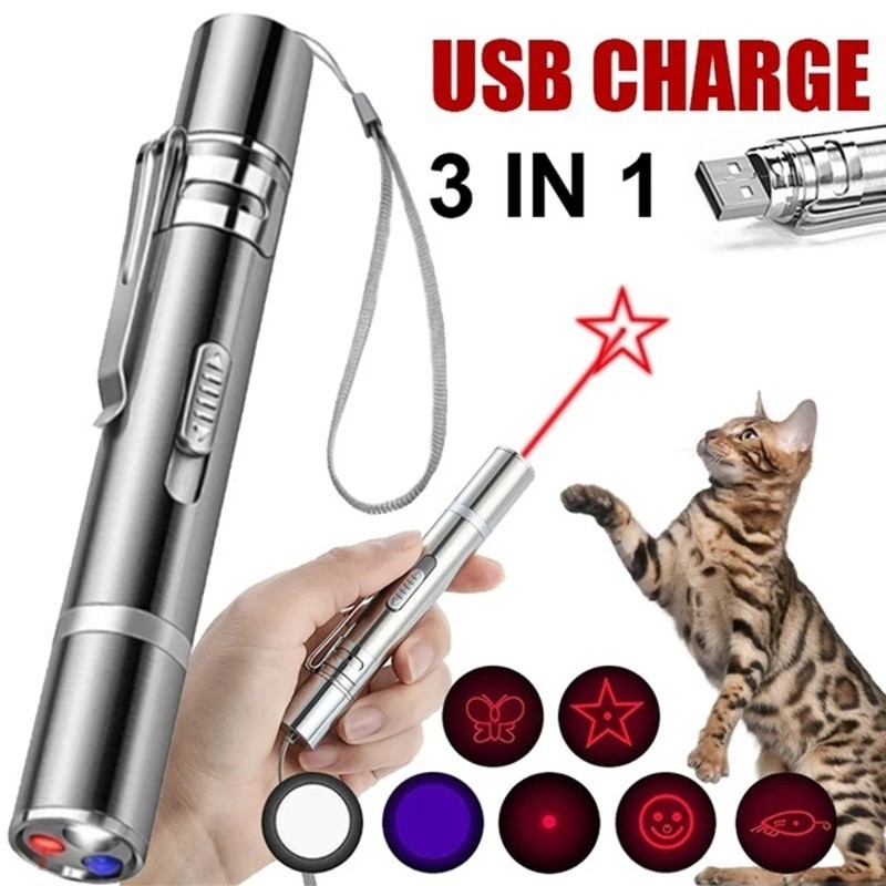 Cat Laser Toy USB Charging LED Light Pointer Rechargeable Torch UV Flashlight Pen 5 Patterns Laser P