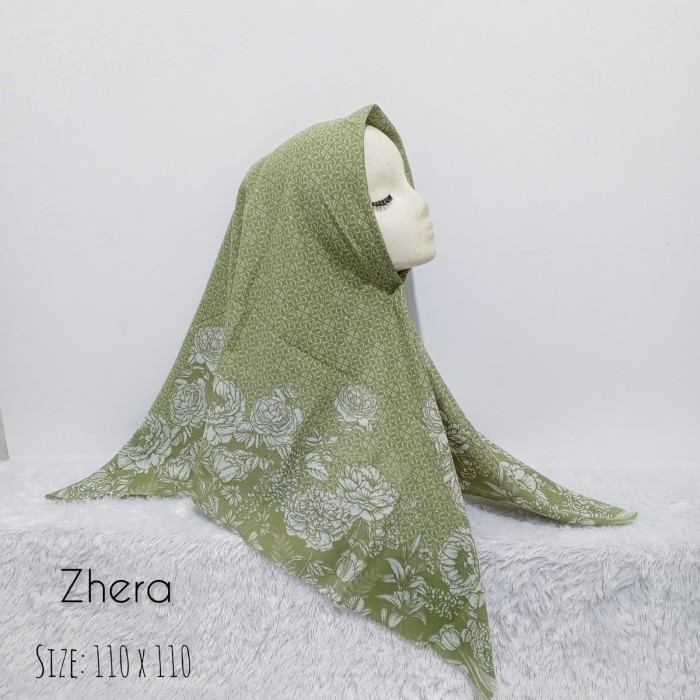Hijab (Zhera) jilbab segiempat motif hijau sage voal premium lacercut