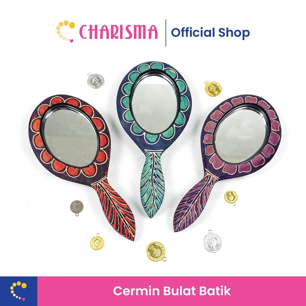 Charisma Cermin Gagang Kayu Batik Oval - Cermin Tangan Kayu Batik / Cermin Kecil Batik