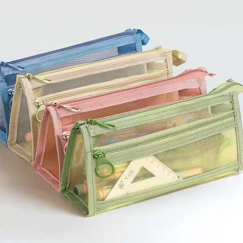 

Tempat Pensil Transparan Tas pensil jala lapisan ganda tas alat tulis transparan berkapasitas besar