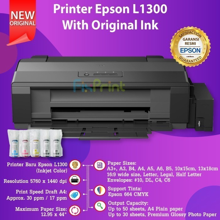 Printer Epson L1300 New Printer A3+ L 1300 InkTank Infus Pabrik Garansi Resmi Epson Original