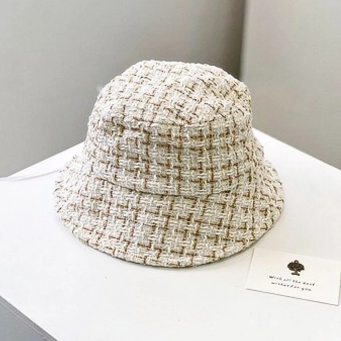 Topi Bucket Pantai Tweed Lipat Premium ini Fashion Korea Import Wanita - Putih Tulang