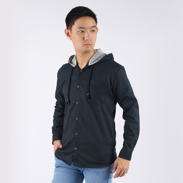 ✨MURAH✨ -Elfs Kemeja Flanel Pria Hoodie Lengan Panjang Motif Kotak - 23Biru Dongker, XXL