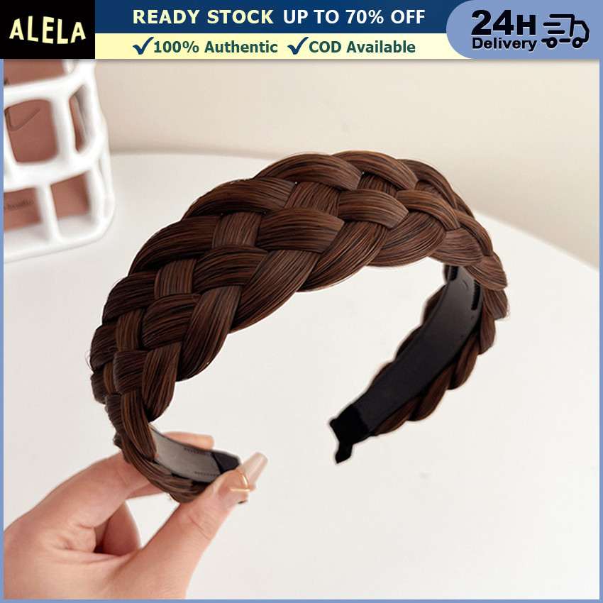 Alela Bando Kepang Rambut Palsu Korea Wanita Bando Bandana Wig Tebal Lebar Lebar