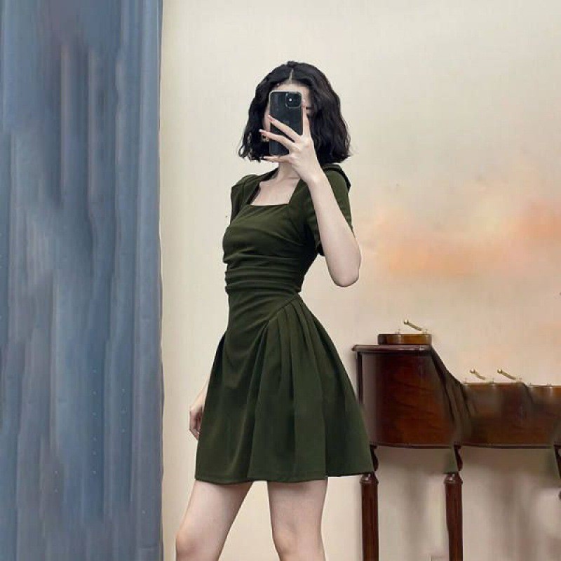 Mini Skater Square Neck Flared Dress in Green Olive Hijau - Busana Casual Kasual Basic / Korean Styl